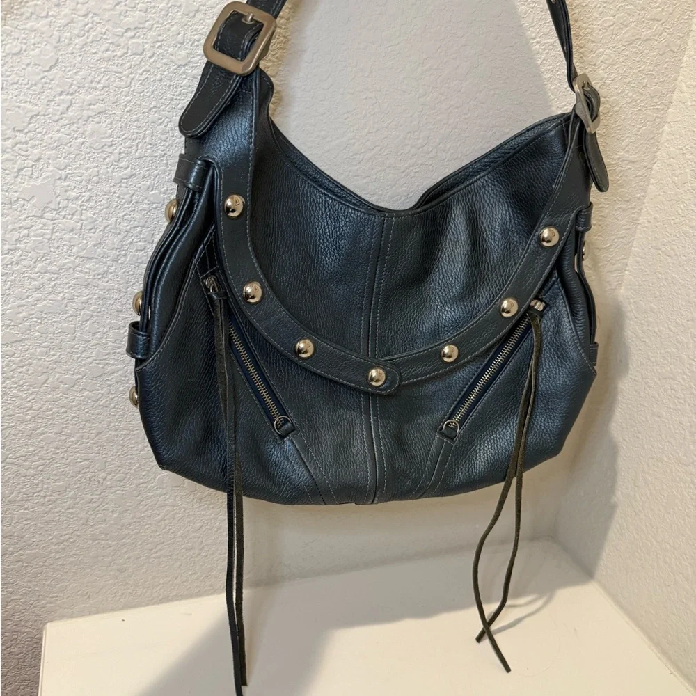 Botkier TRIGGER Mermaid Blue Moto Leather Hobo Shoulder Bag Studded Fringe